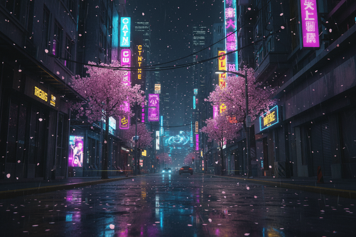Dark street with sakura petals - no text